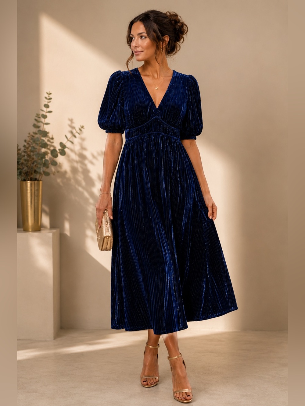 Navy Blue Ribbed Velvet Pleated  Midi Dress XL Puff Sleeve V-Neck Party
